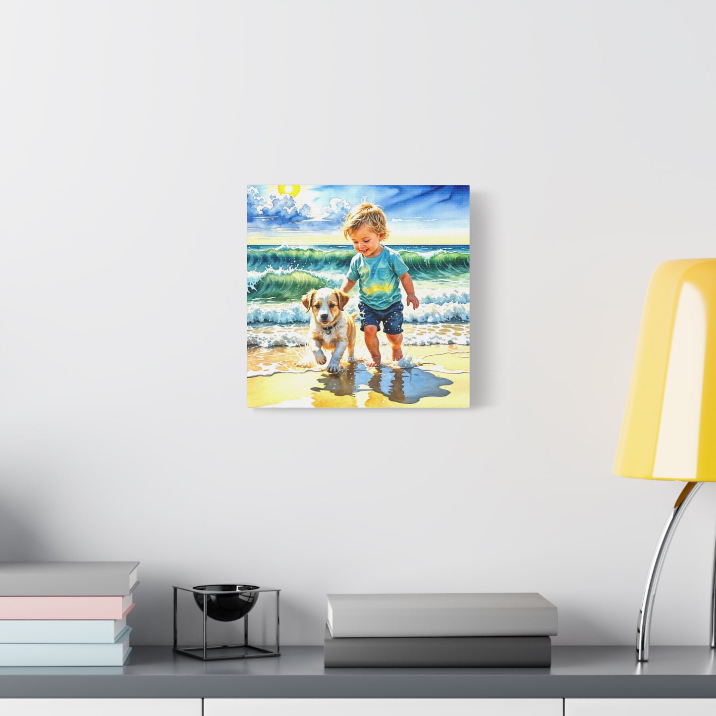 Little Boy at the Beach w his Dog Canvas Art - Children's Room Art