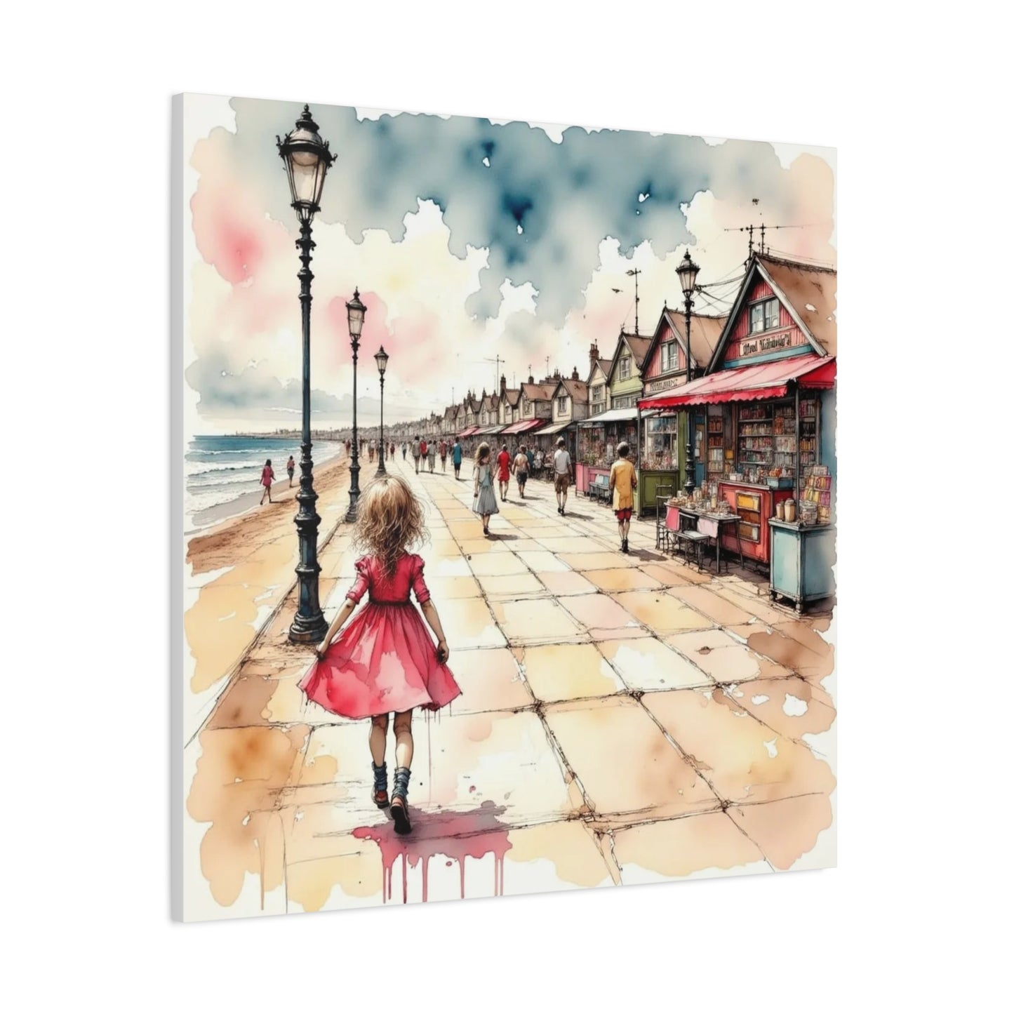 Girl in a Pink Dress Beach Front View Abstract Art