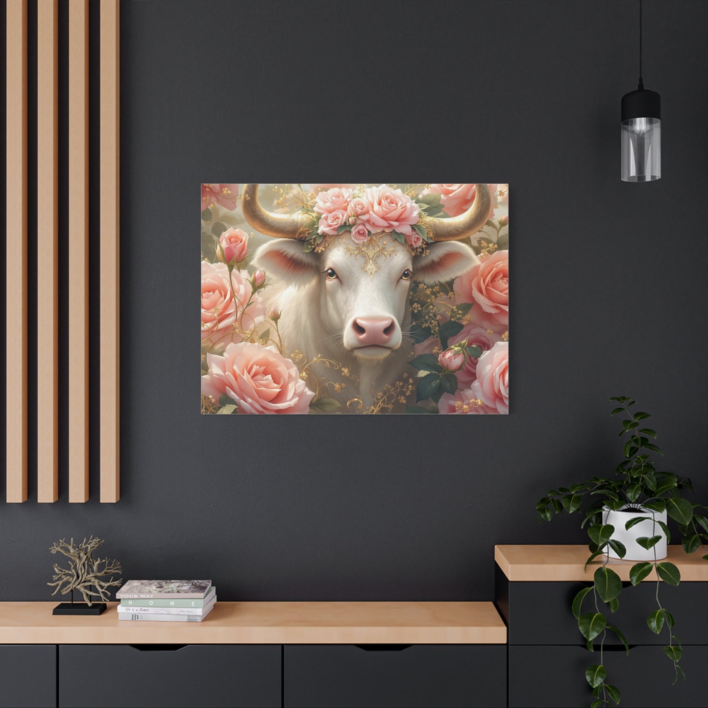 Canvas Print - Pink Rose Cow Picture