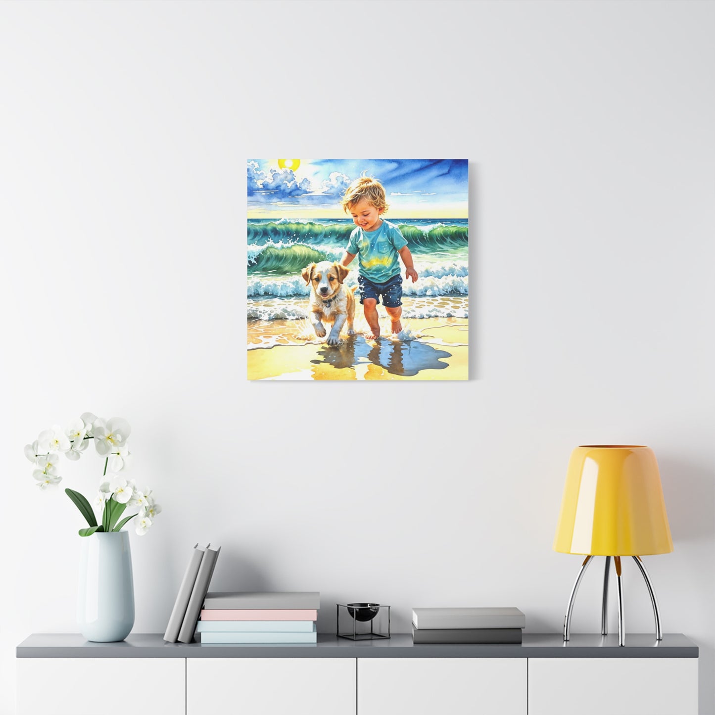 Little Boy at the Beach w his Dog Canvas Art - Children's Room Art