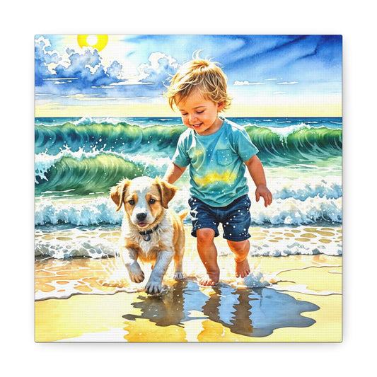 Little Boy at the Beach w his Dog Canvas Art - Children's Room Art