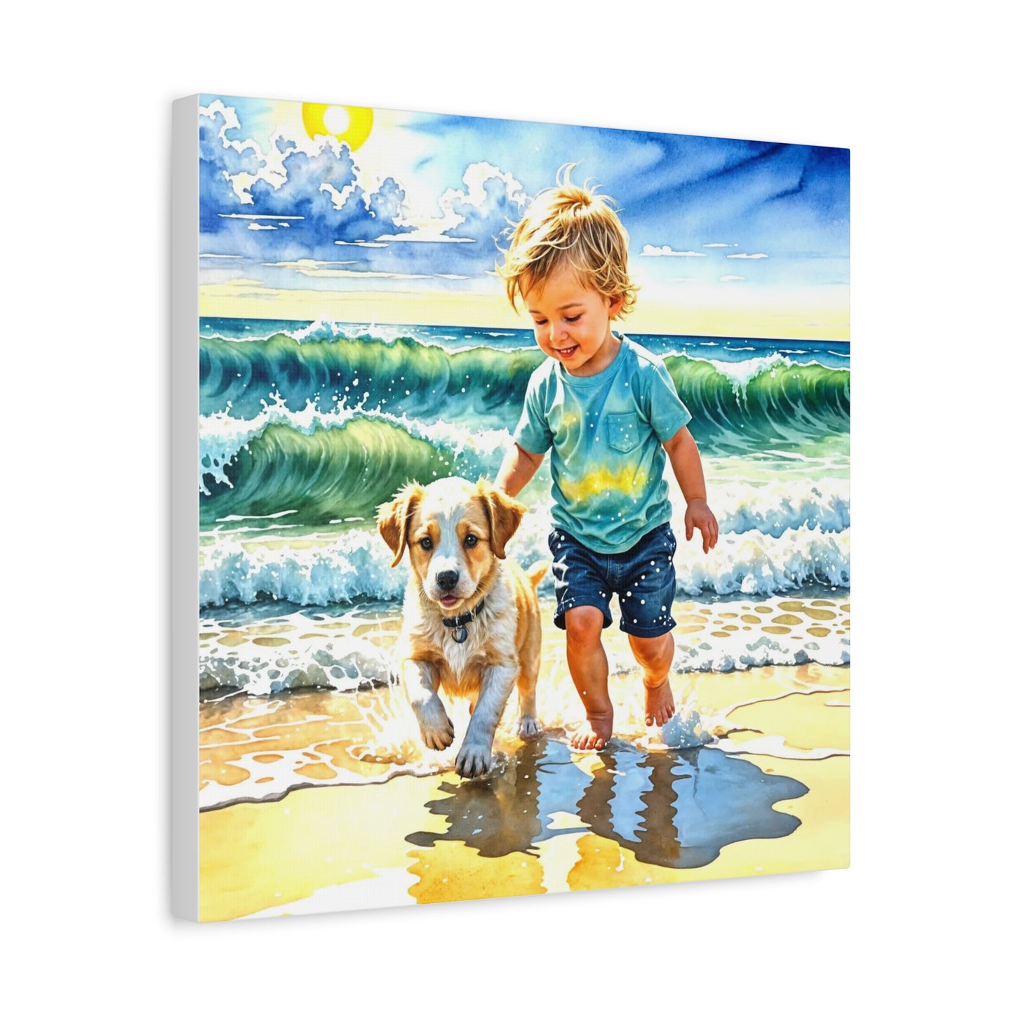 Little Boy at the Beach w his Dog Canvas Art - Children's Room Art
