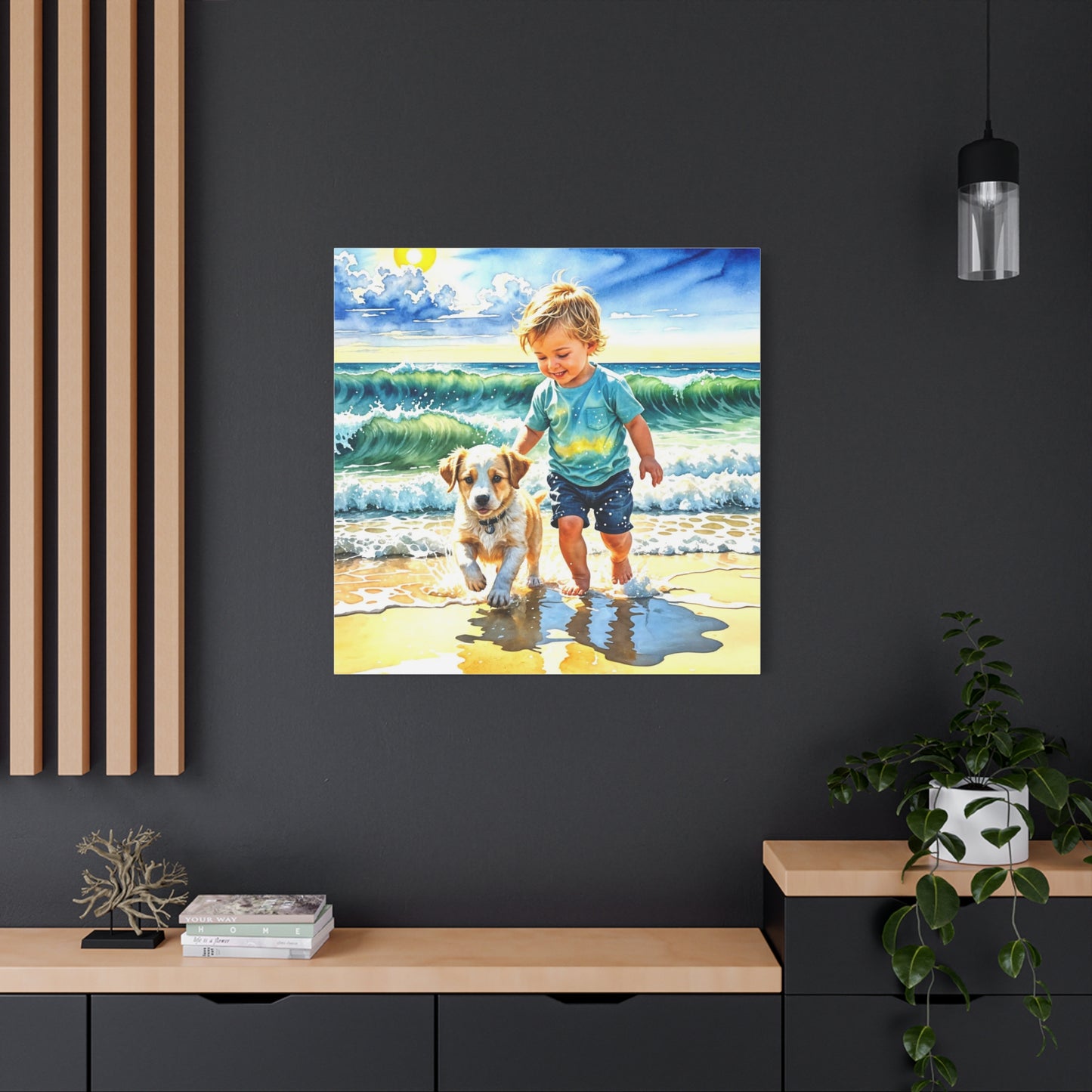 Little Boy at the Beach w his Dog Canvas Art - Children's Room Art