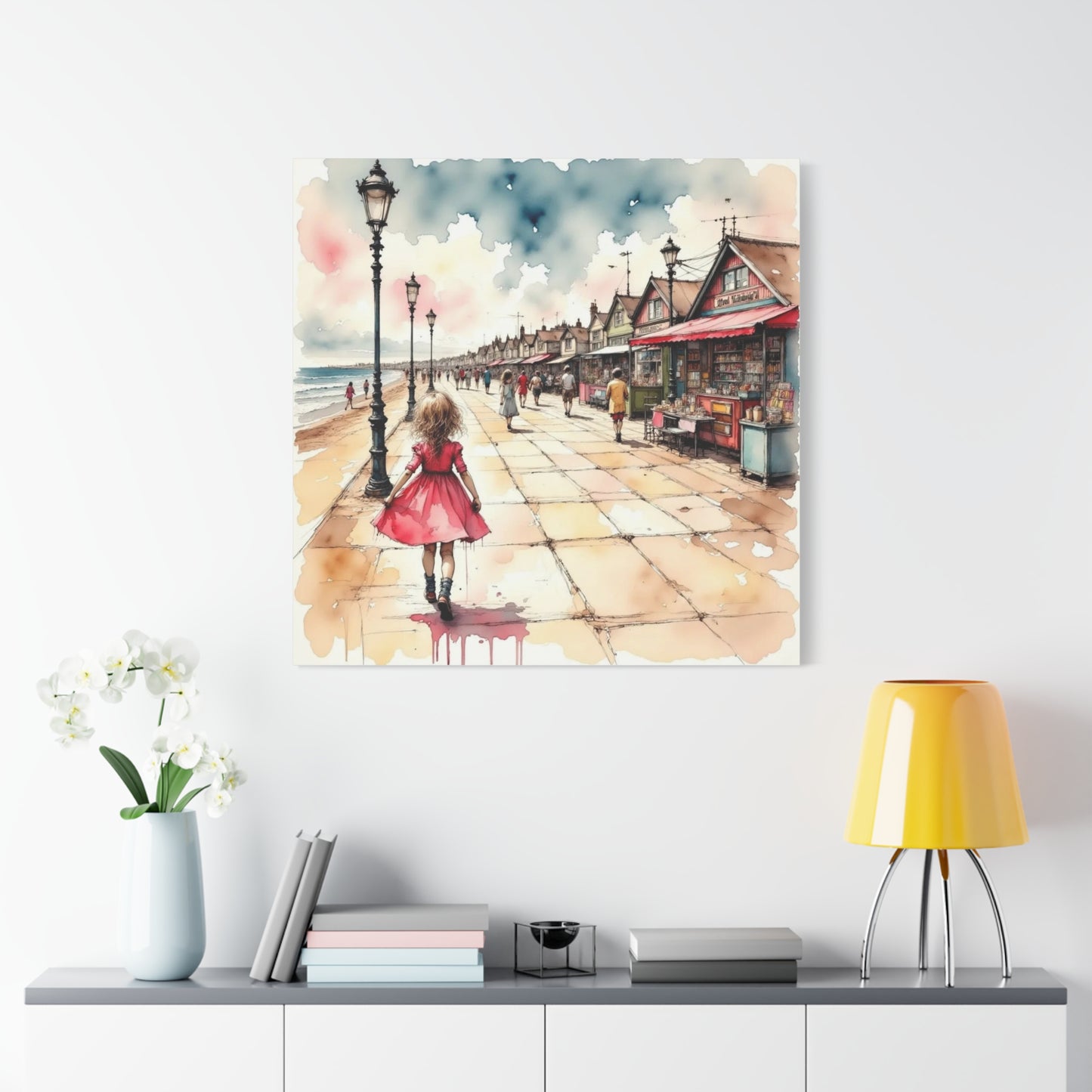 Girl in a Pink Dress Beach Front View Abstract Art