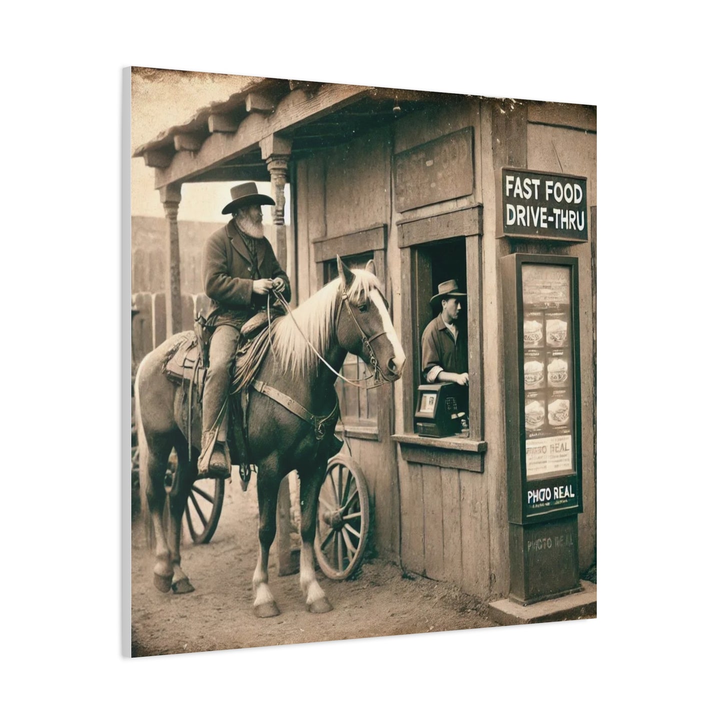 Old West Cowboy in Fast Food Drive Through Antique Art