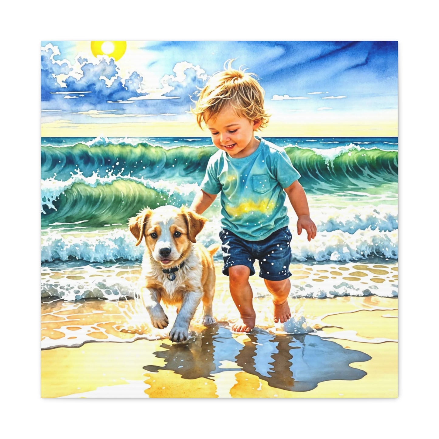 Little Boy at the Beach w his Dog Canvas Art - Children's Room Art