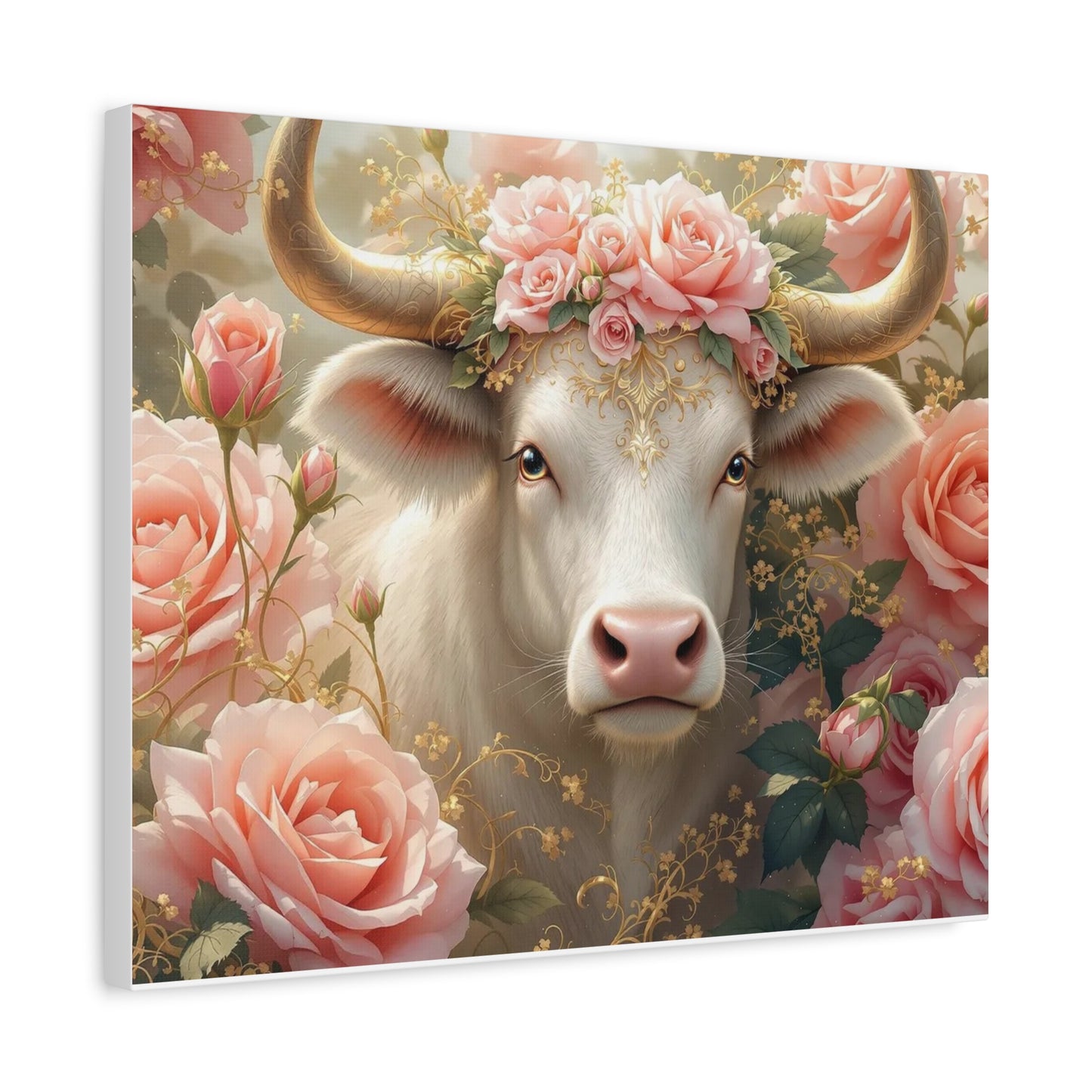 Canvas Print - Pink Rose Cow Picture