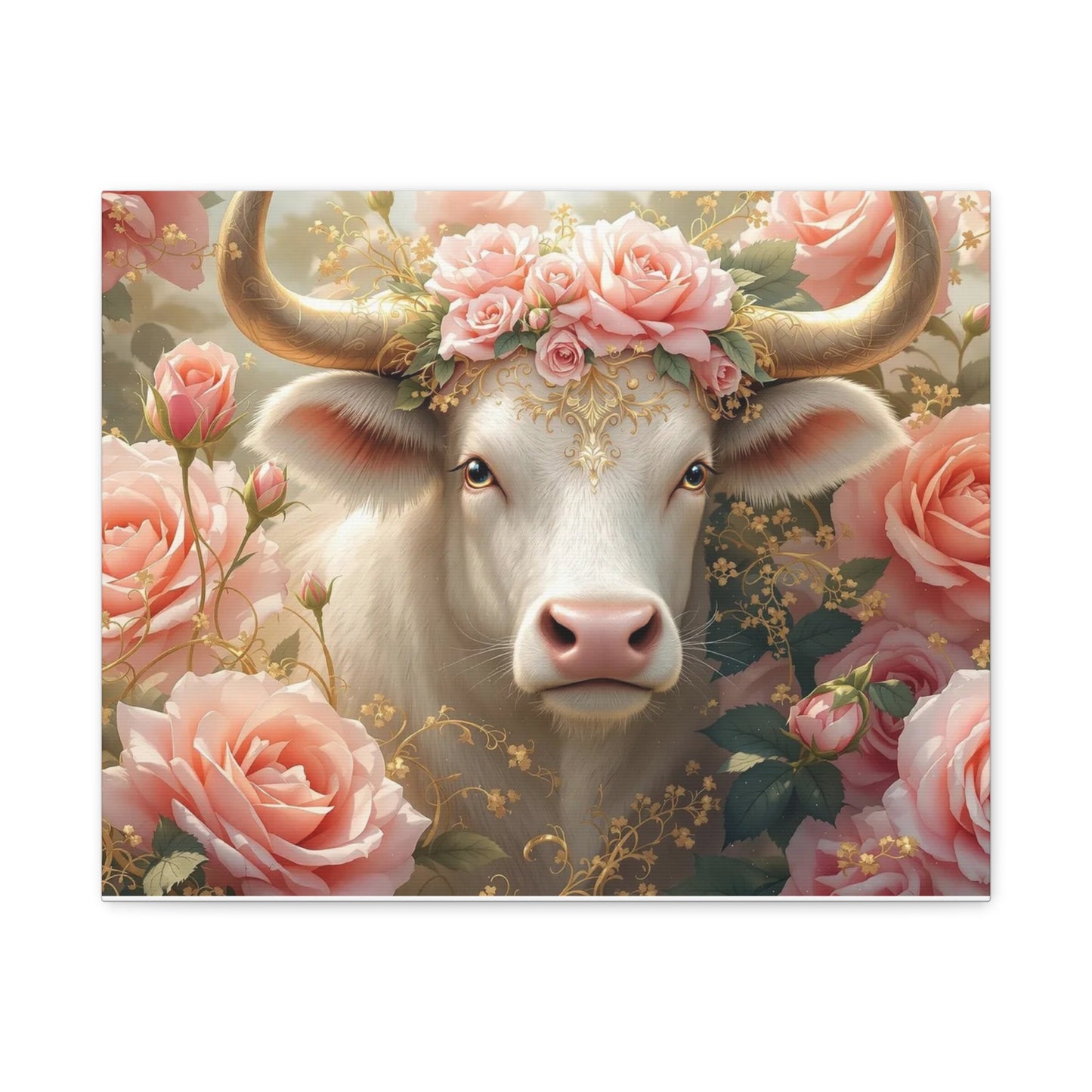 Canvas Print - Pink Rose Cow Picture