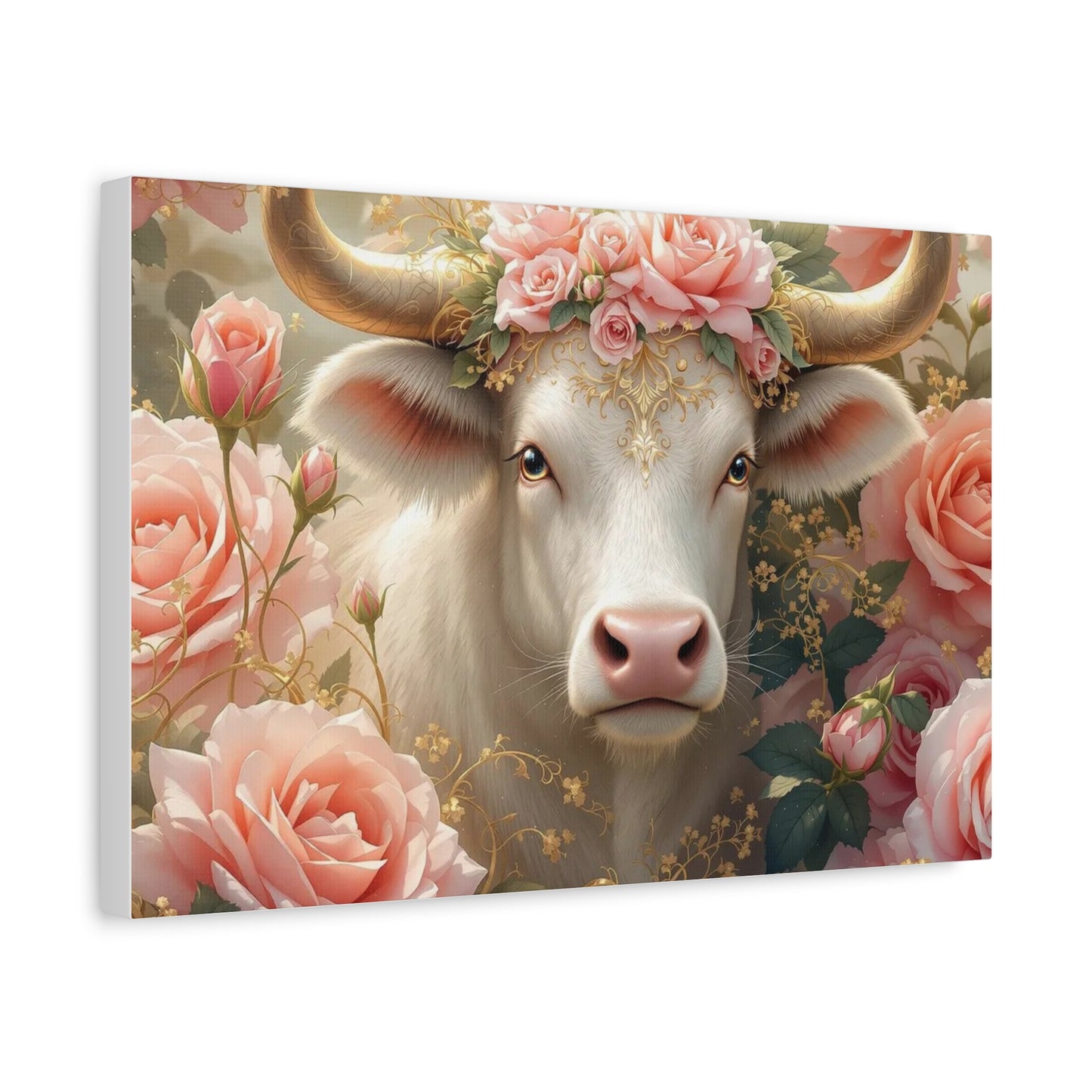 Canvas Print - Pink Rose Cow Picture