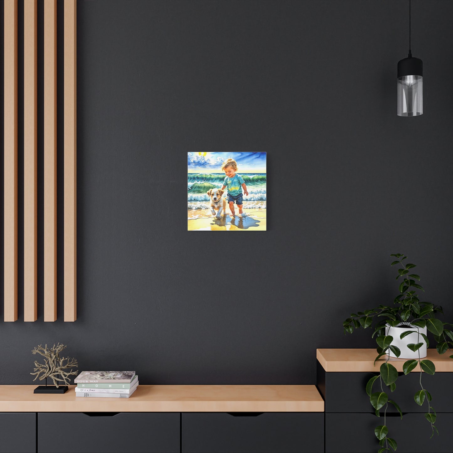 Little Boy at the Beach w his Dog Canvas Art - Children's Room Art