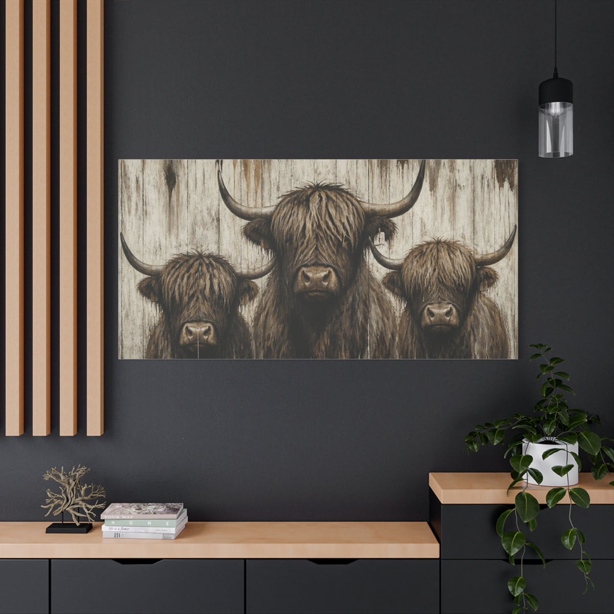 Highland Cow Trio Matte Stretched Canvas Wall Art — Rustic Farmhouse Animal Print
