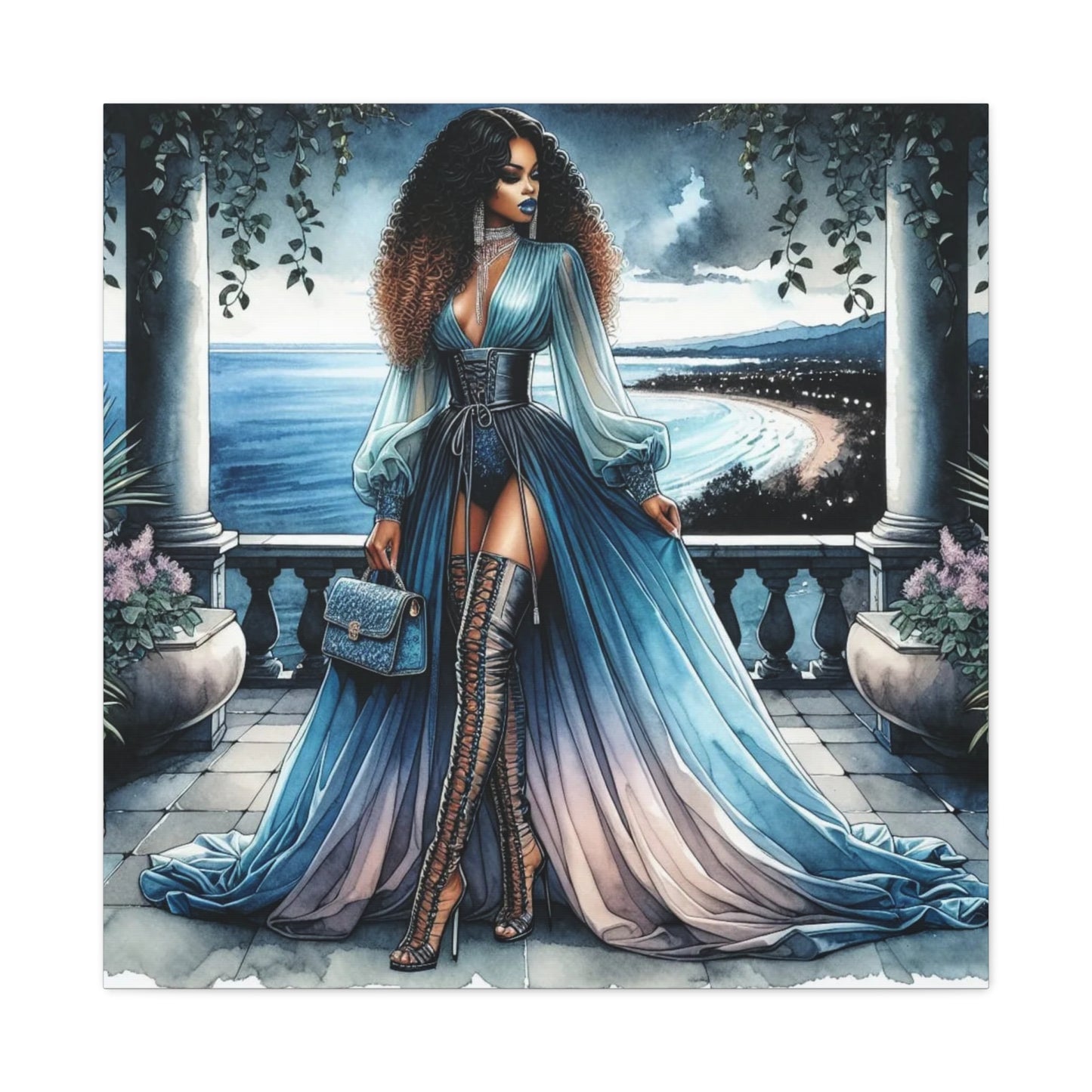 Beautiful Black Woman in Blue Canvas Art