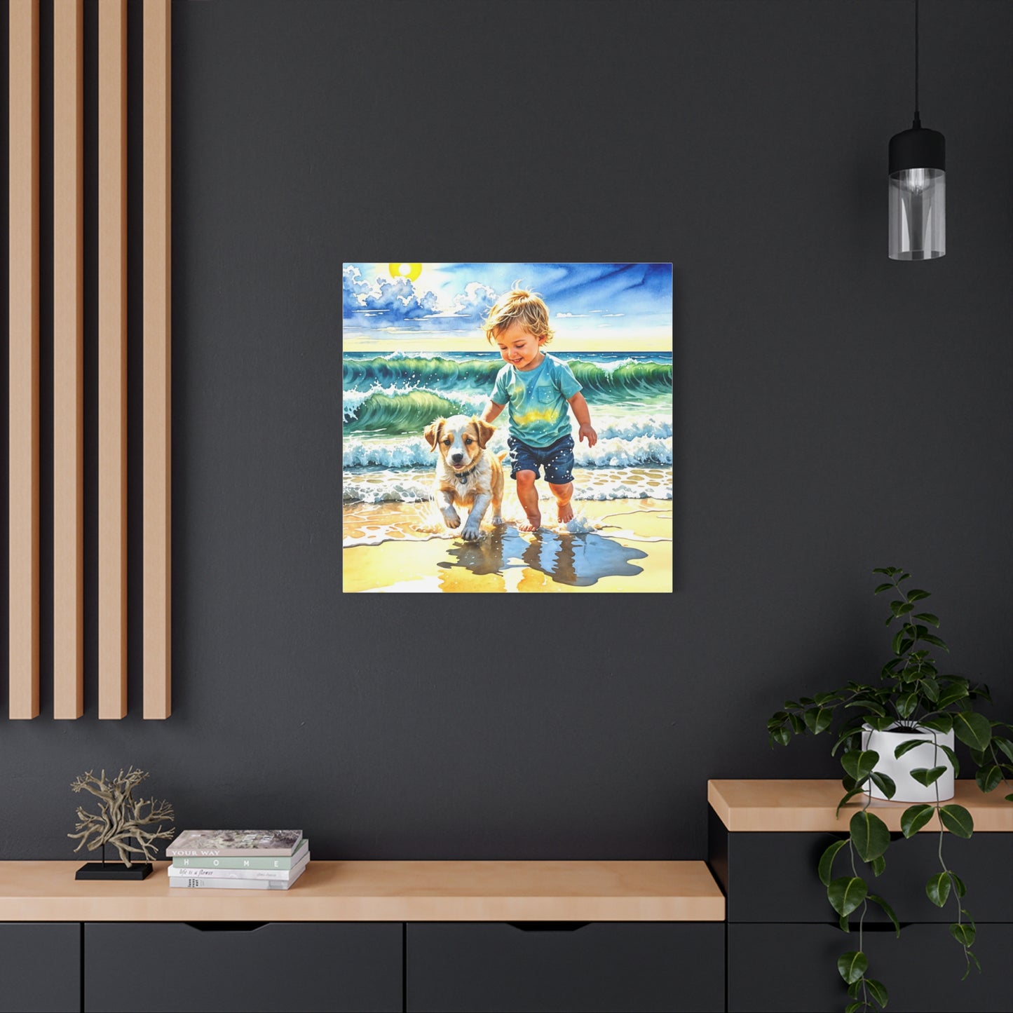 Little Boy at the Beach w his Dog Canvas Art - Children's Room Art