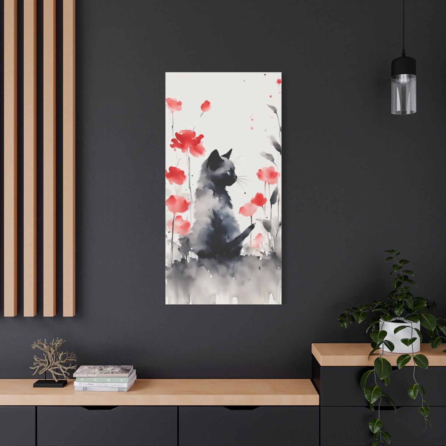 Kitten with Red Flowers Abstract Art