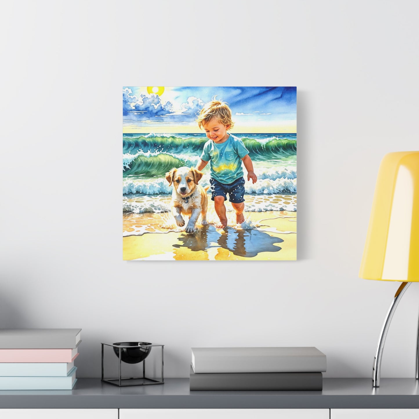 Little Boy at the Beach w his Dog Canvas Art - Children's Room Art