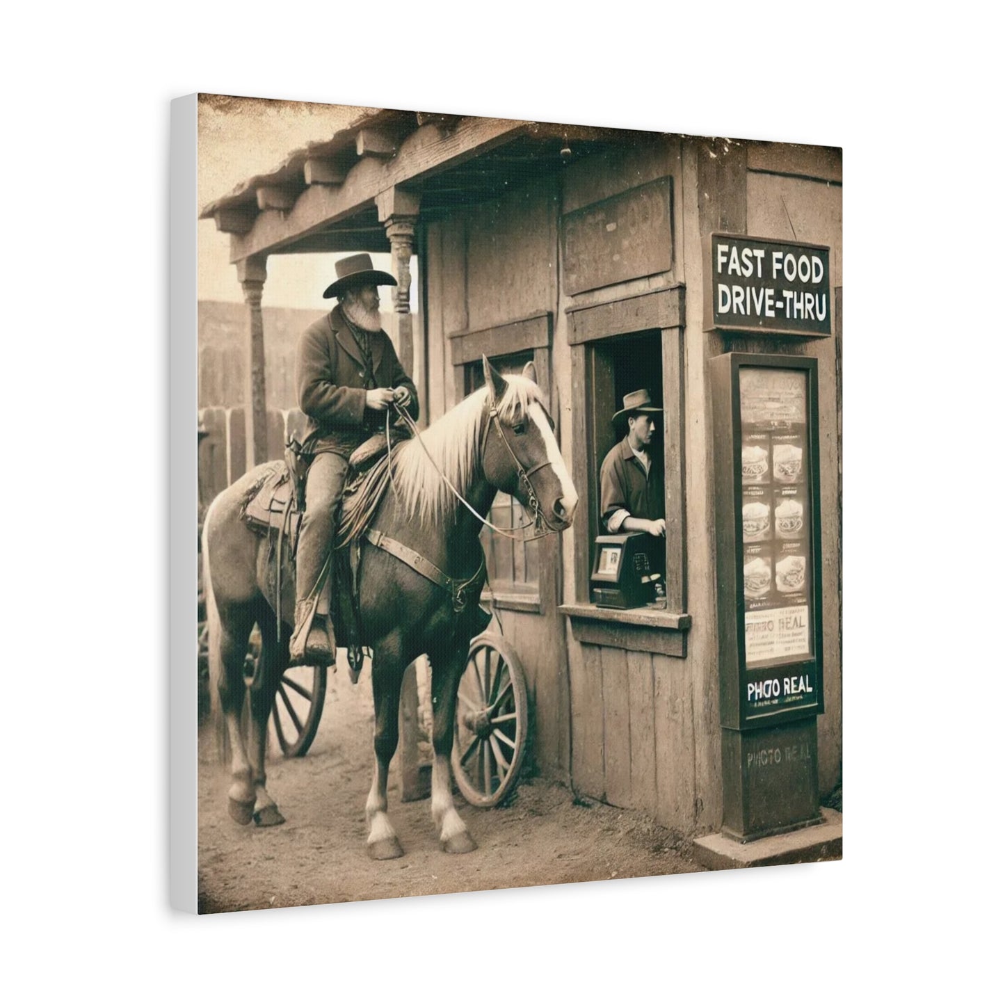 Old West Cowboy in Fast Food Drive Through Antique Art