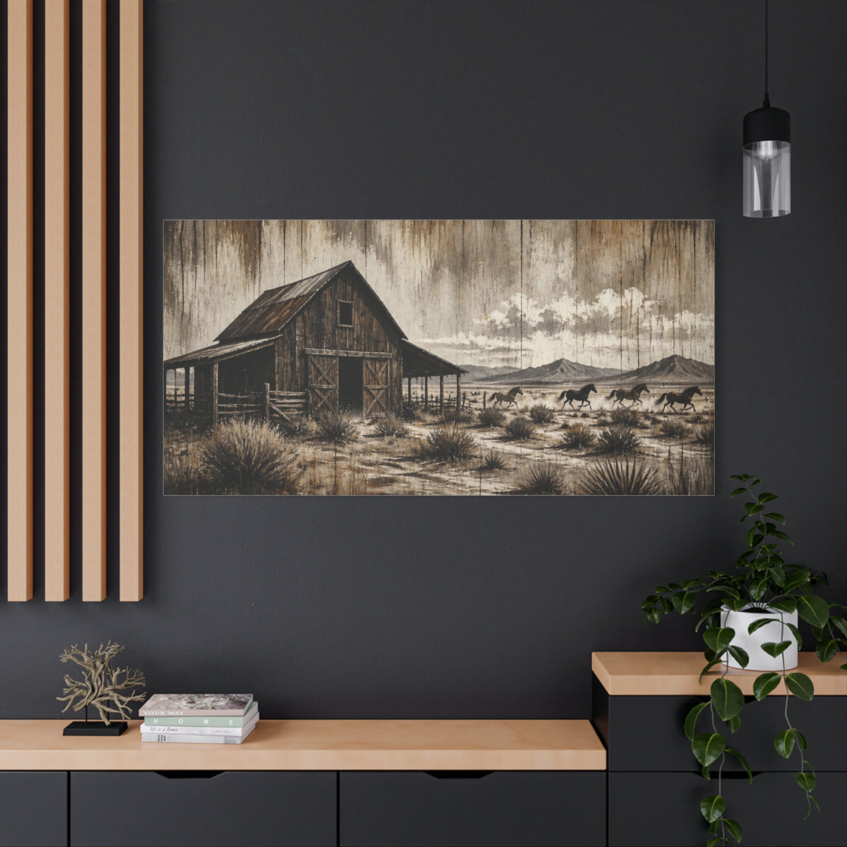 Rustic Western Barn Canvas Wall Art — Vintage Desert Horses Matte Stretched Canvas