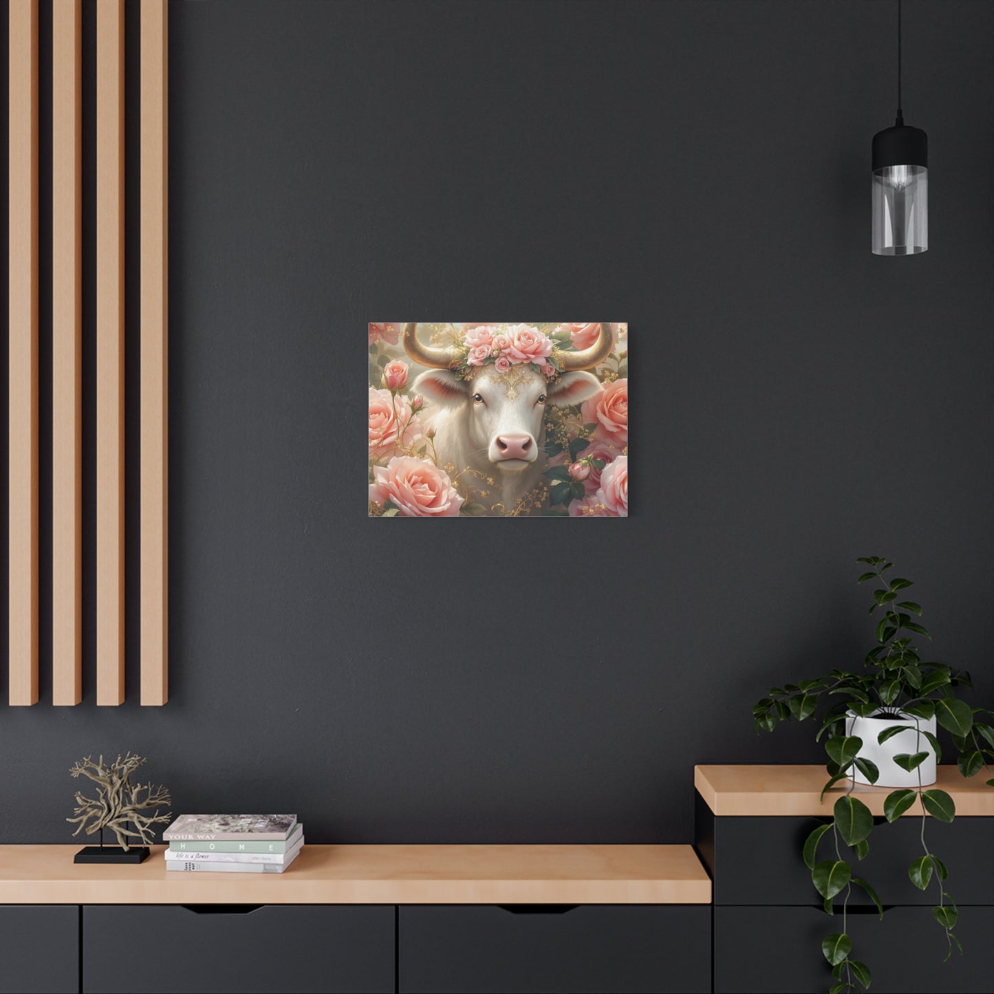 Canvas Print - Pink Rose Cow Picture