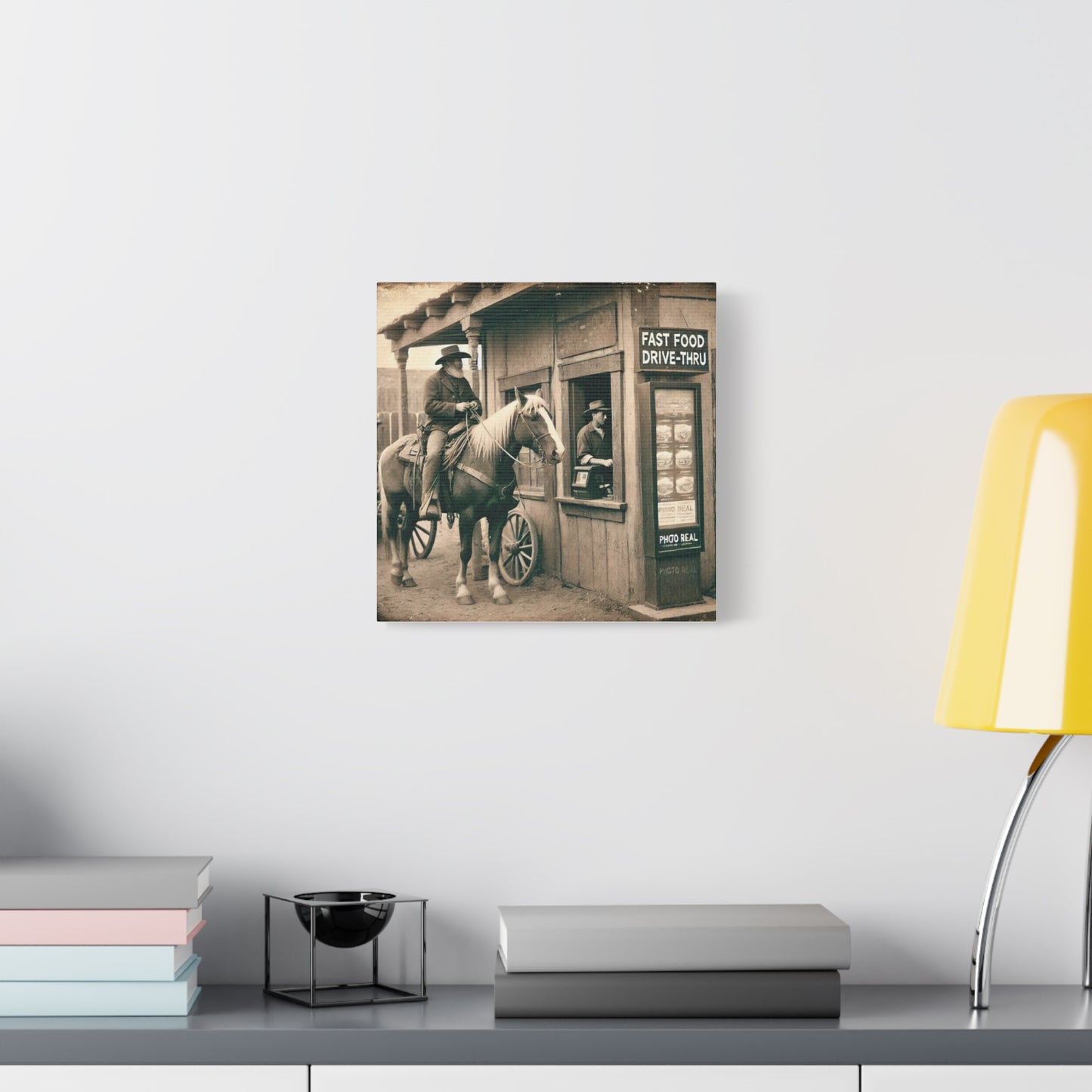 Old West Cowboy in Fast Food Drive Through Antique Art