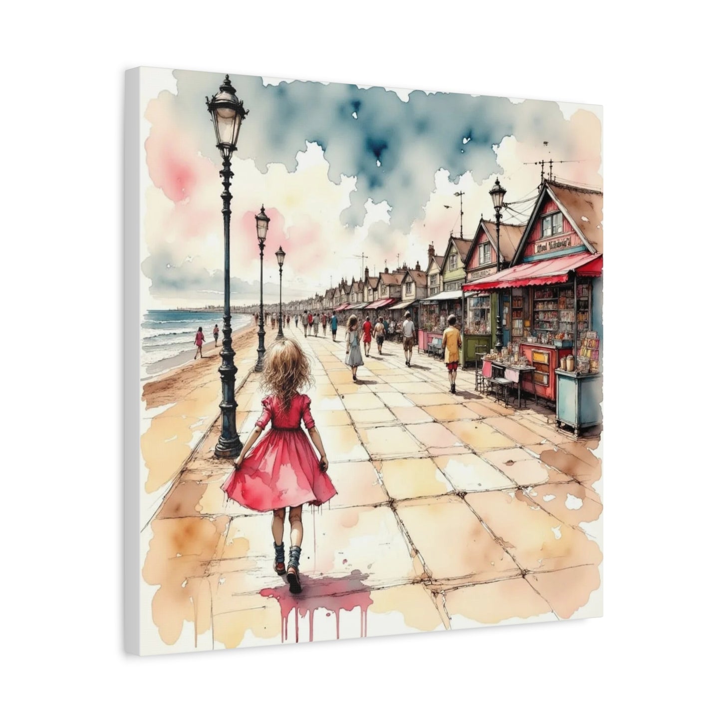 Girl in a Pink Dress Beach Front View Abstract Art