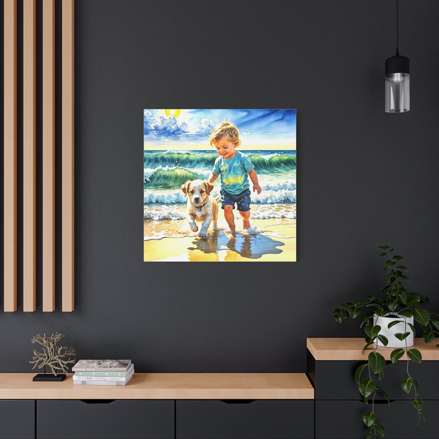 Little Boy at the Beach w his Dog Canvas Art - Children's Room Art