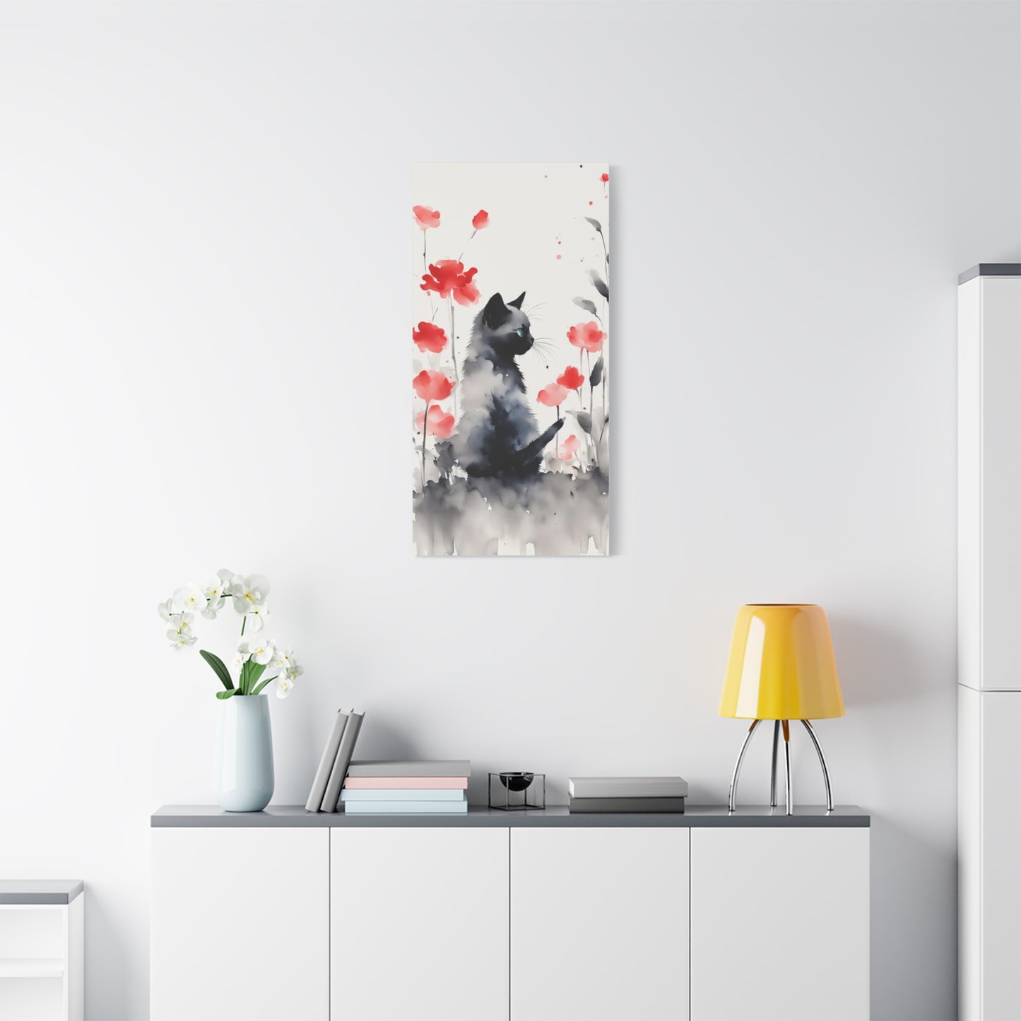 Kitten with Red Flowers Abstract Art