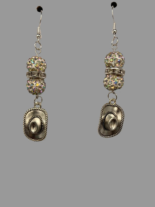 Cowboy Hat Dangling Earring with Rhinestone Beads