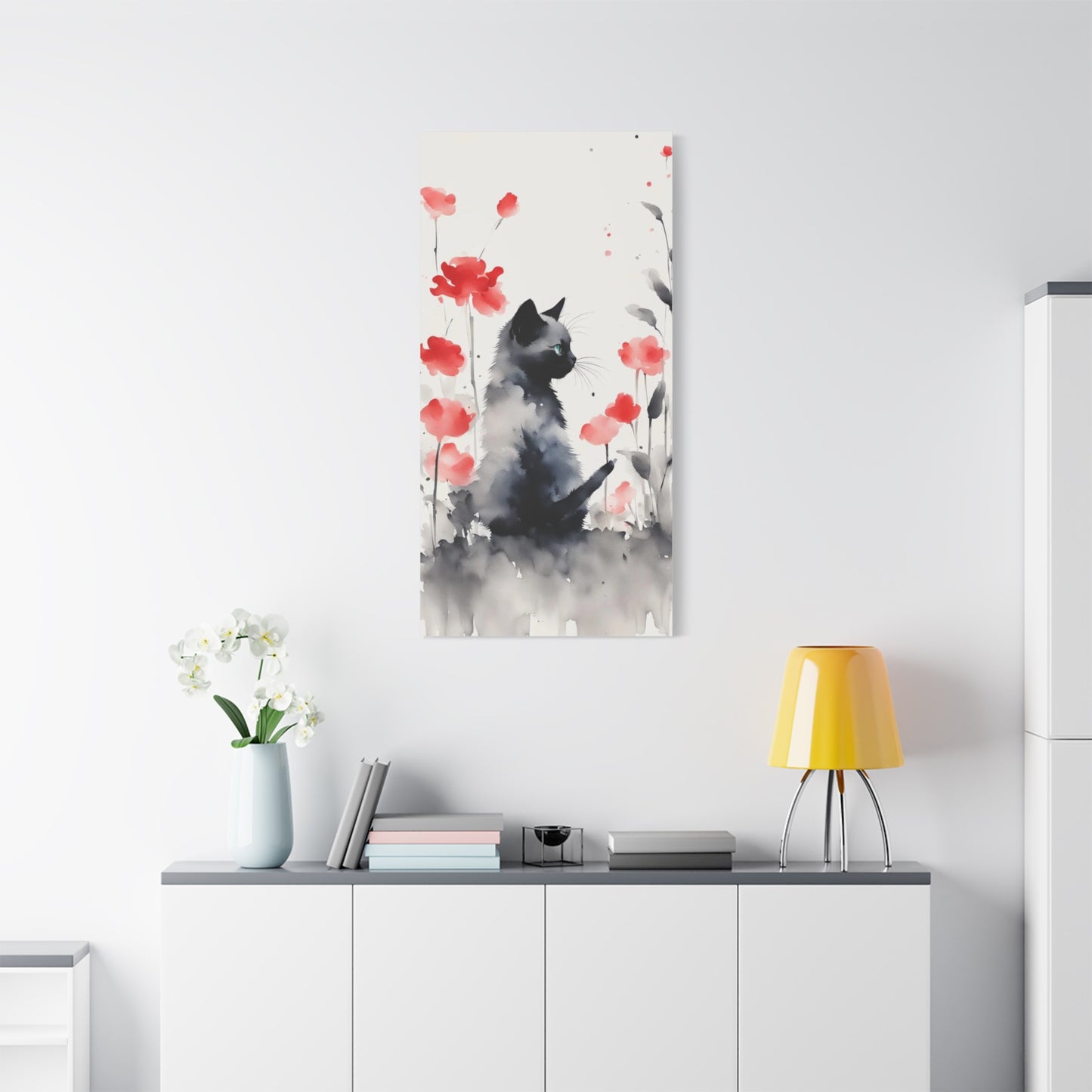 Kitten with Red Flowers Abstract Art