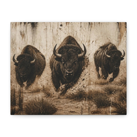 Running Bison Canvas Wall Art – Rustic Sepia Buffalo Trio Stretched Matte