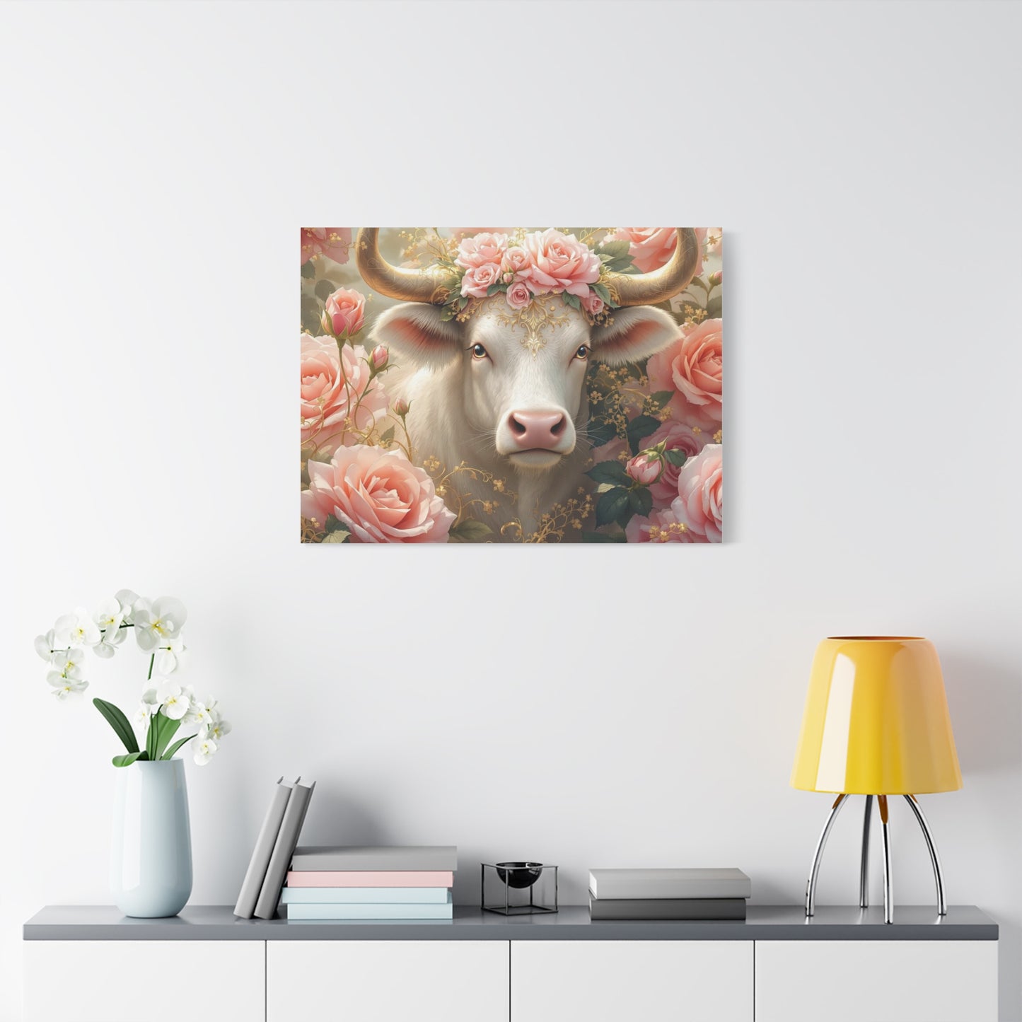 Canvas Print - Pink Rose Cow Picture