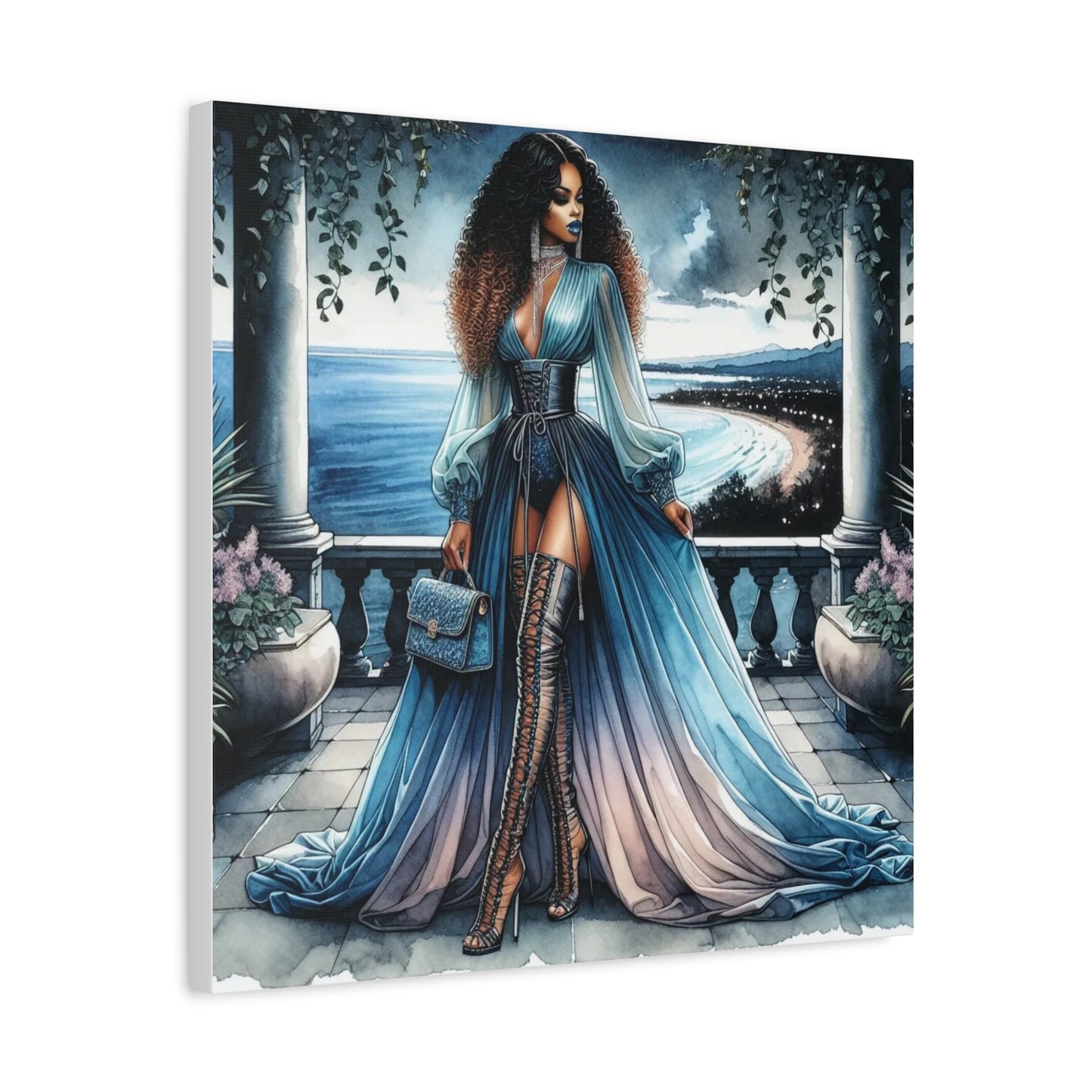 Beautiful Black Woman in Blue Canvas Art