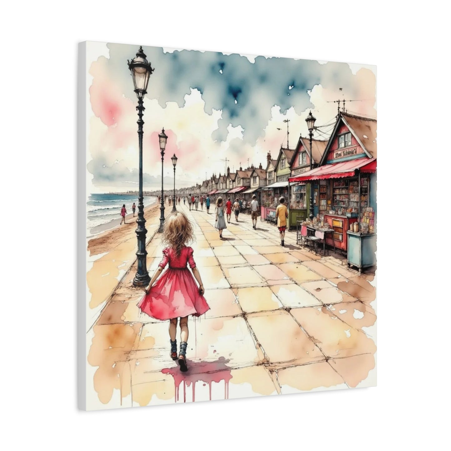 Girl in a Pink Dress Beach Front View Abstract Art