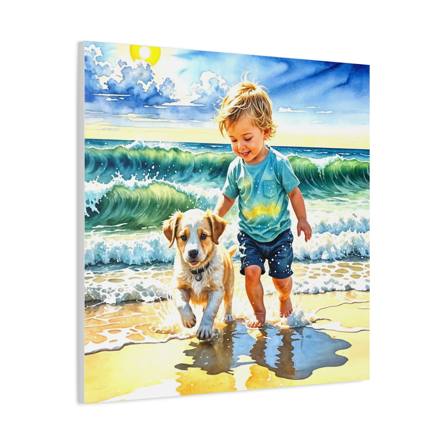 Little Boy at the Beach w his Dog Canvas Art - Children's Room Art