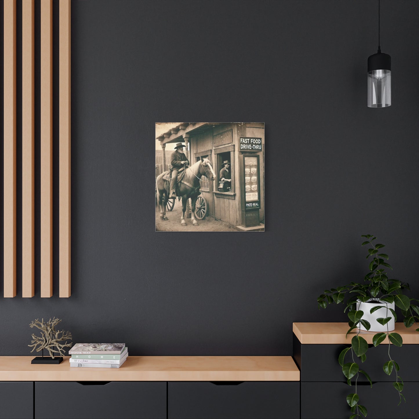 Old West Cowboy in Fast Food Drive Through Antique Art
