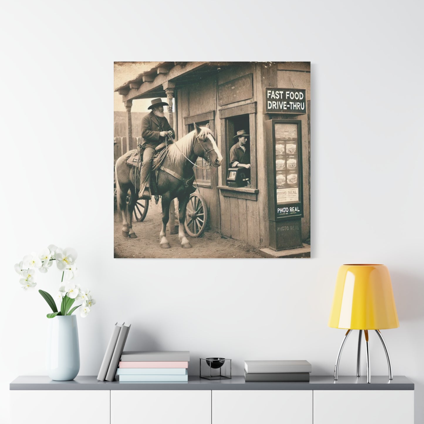 Old West Cowboy in Fast Food Drive Through Antique Art