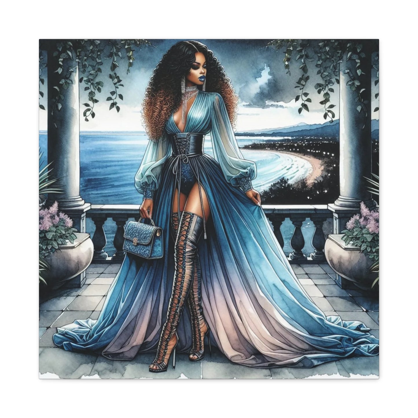 Beautiful Black Woman in Blue Canvas Art