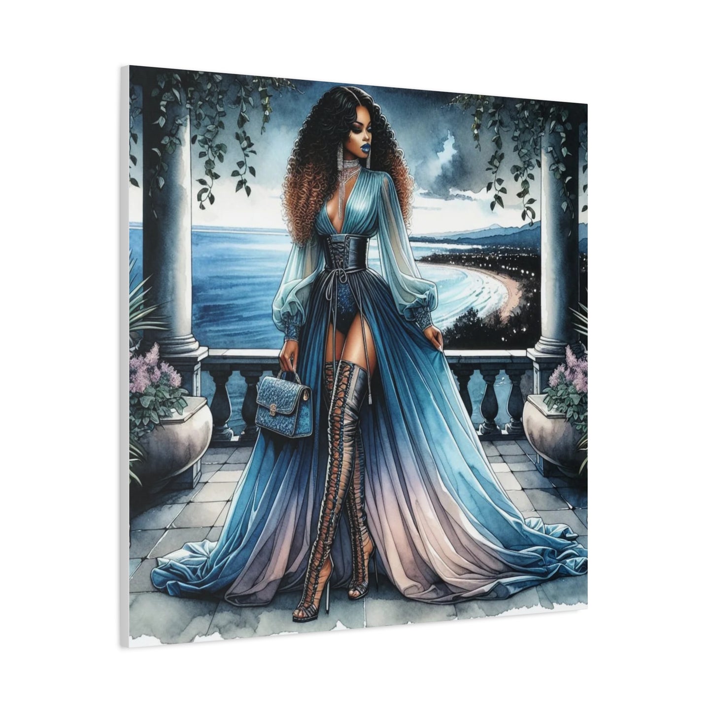 Beautiful Black Woman in Blue Canvas Art