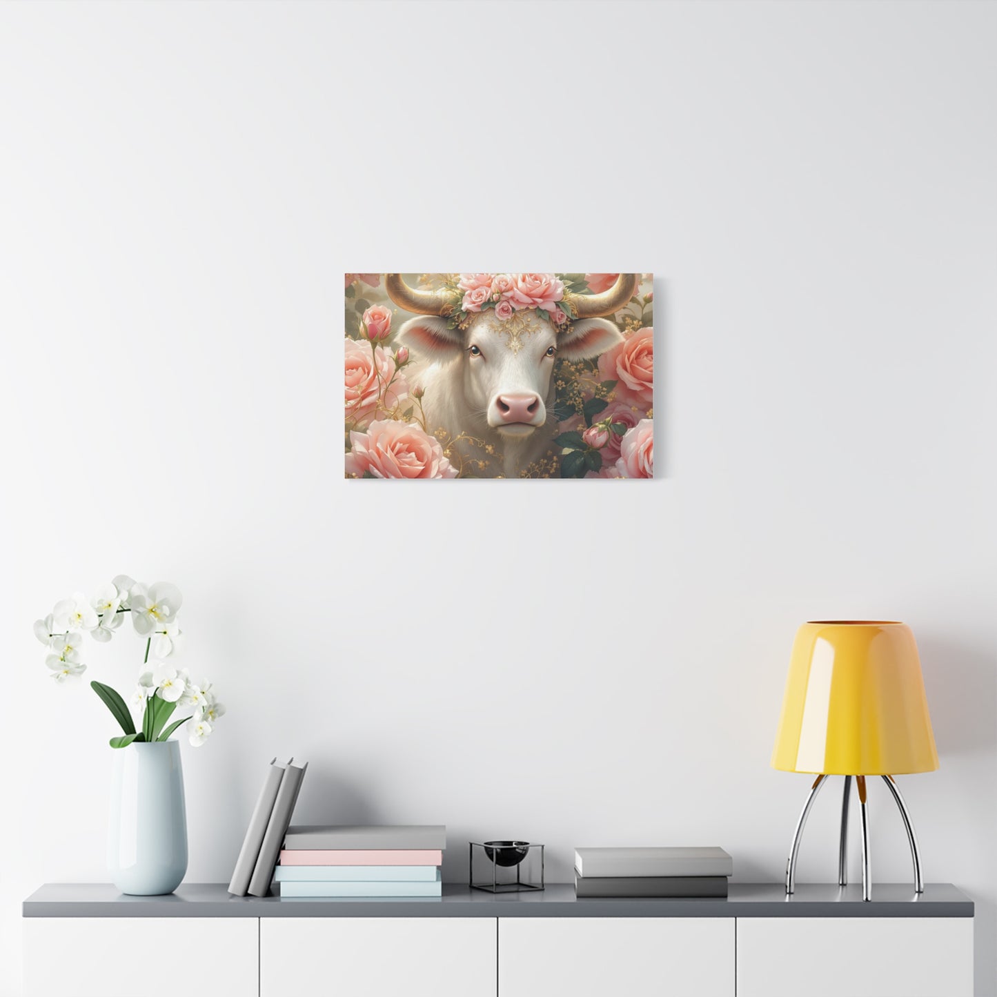 Canvas Print - Pink Rose Cow Picture