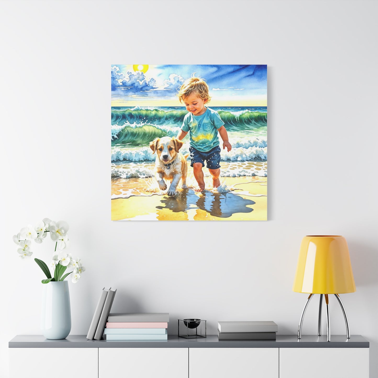 Little Boy at the Beach w his Dog Canvas Art - Children's Room Art