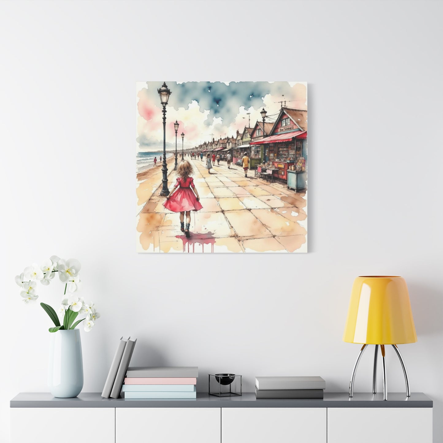 Girl in a Pink Dress Beach Front View Abstract Art