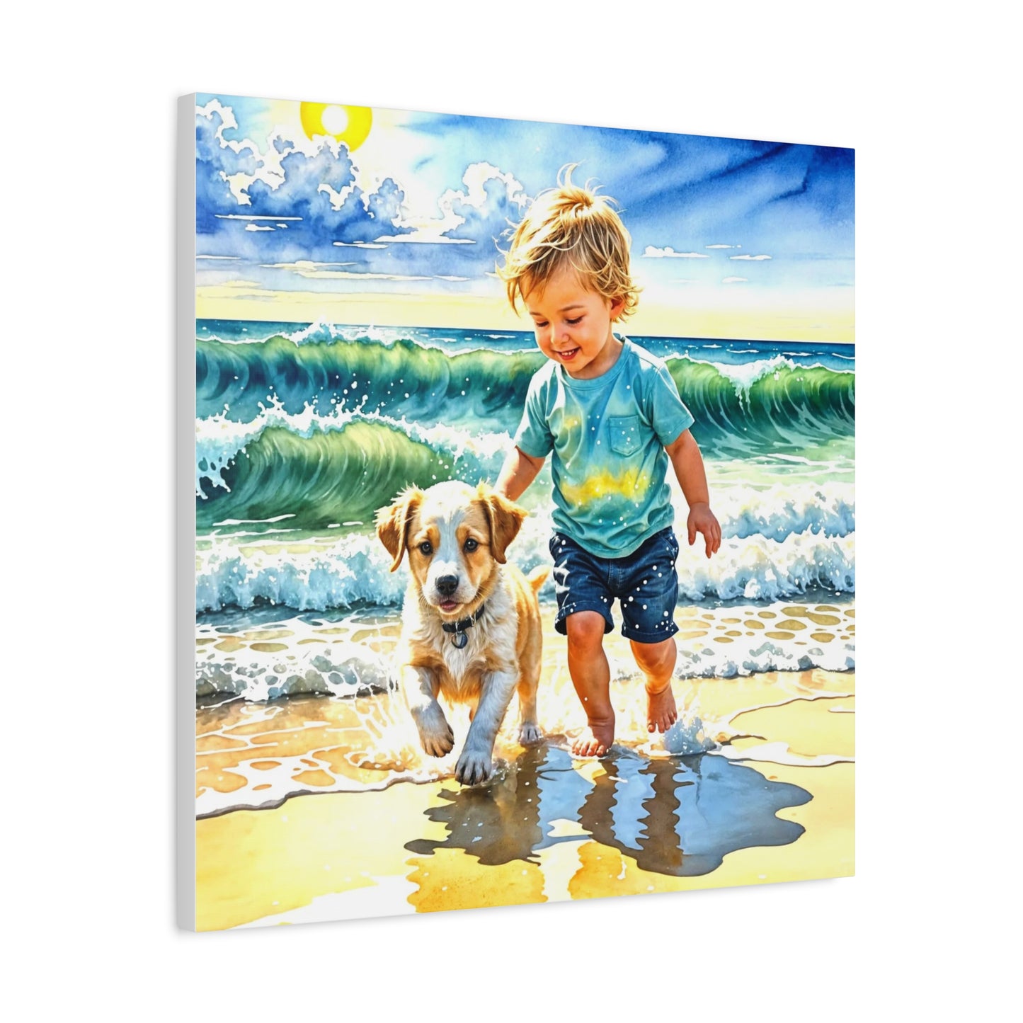 Little Boy at the Beach w his Dog Canvas Art - Children's Room Art