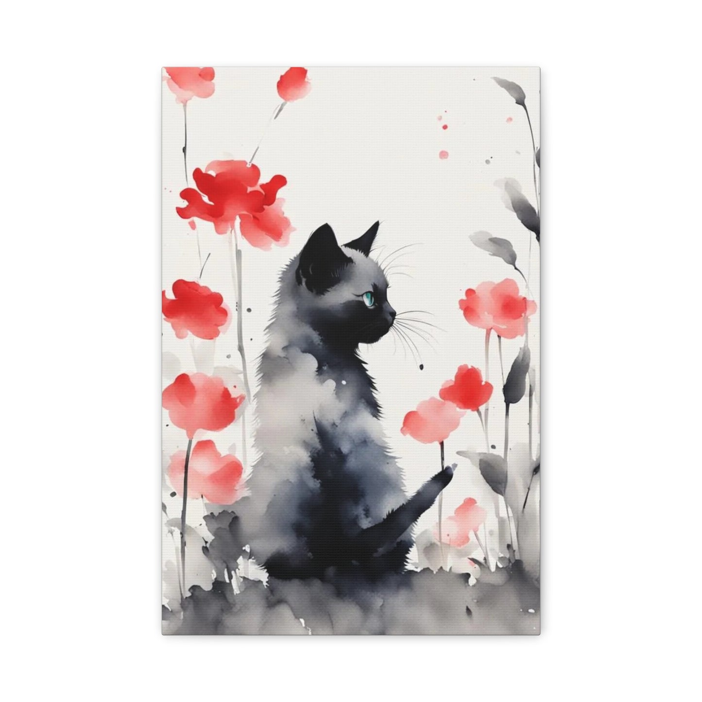 Kitten with Red Flowers Abstract Art