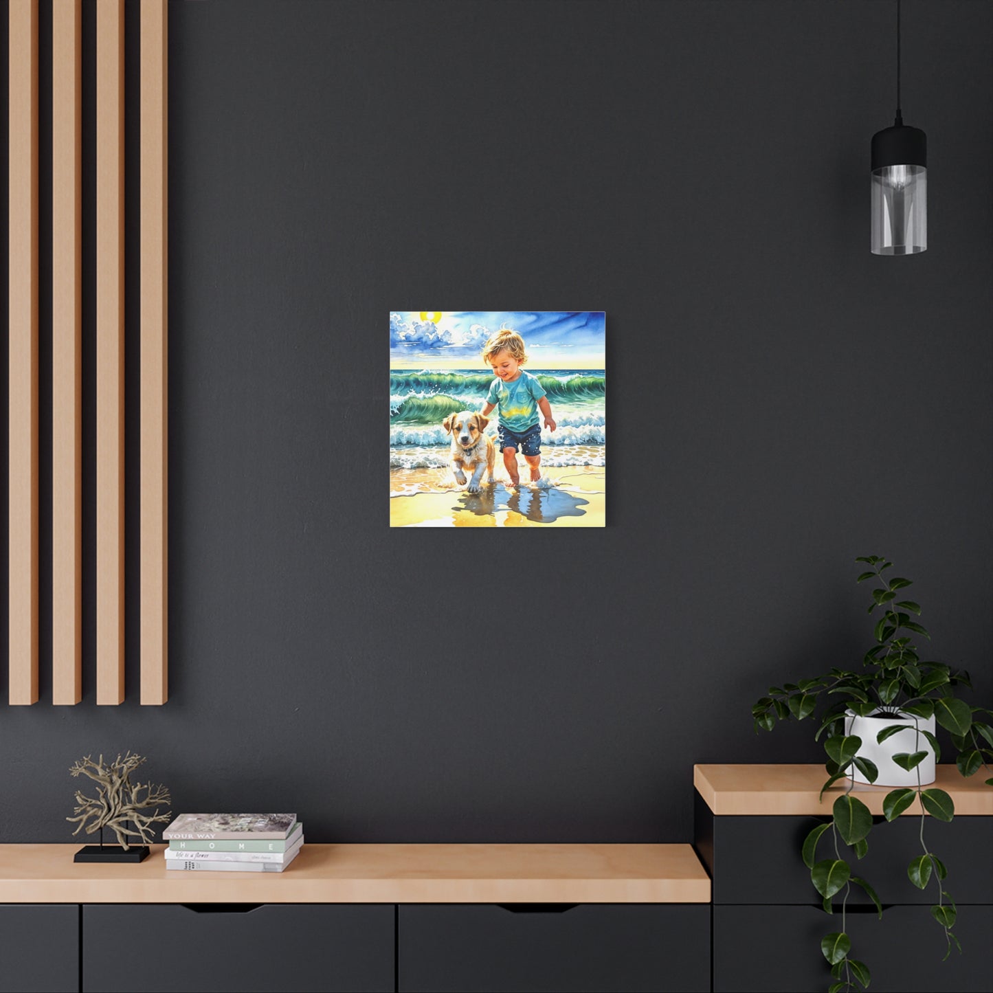 Little Boy at the Beach w his Dog Canvas Art - Children's Room Art