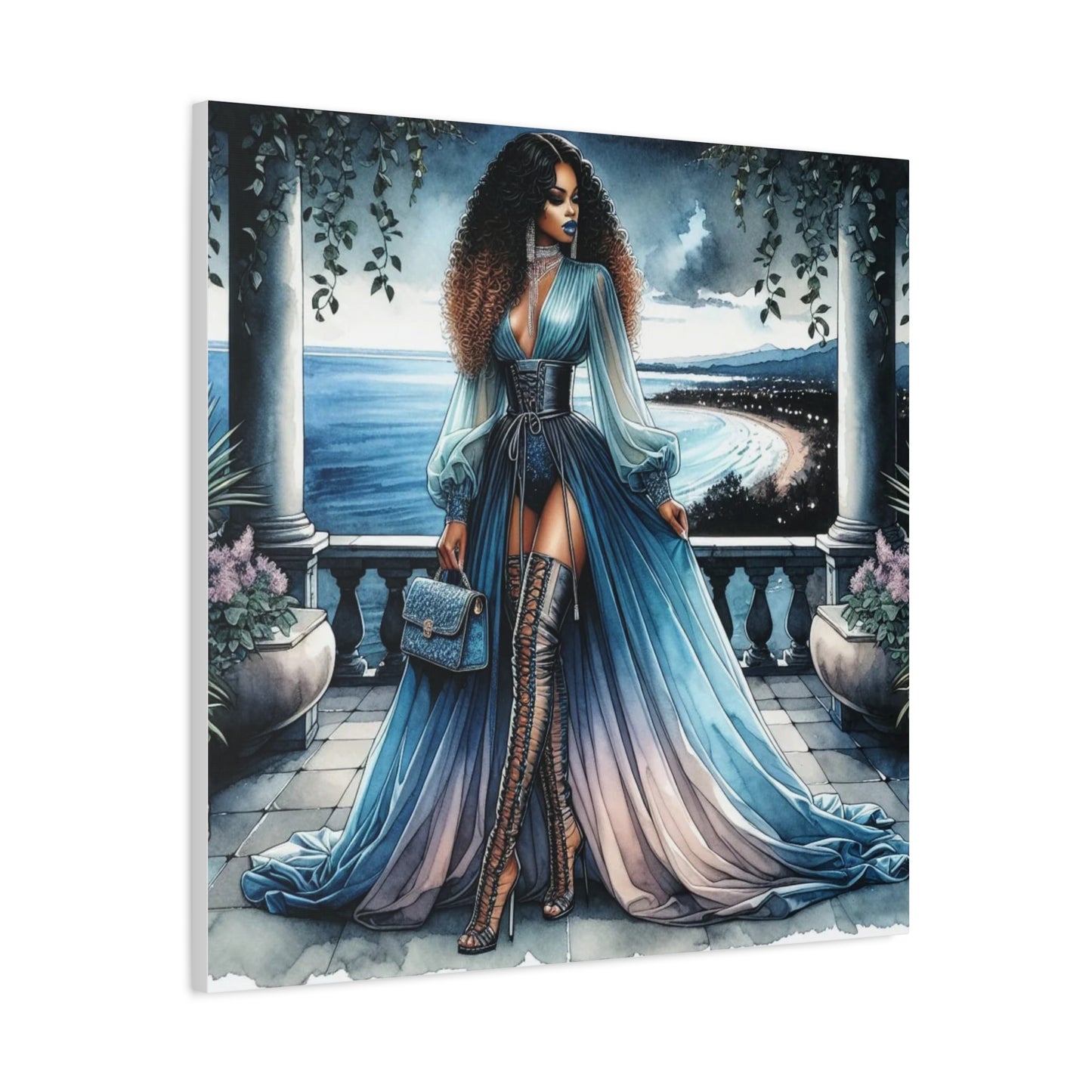 Beautiful Black Woman in Blue Canvas Art