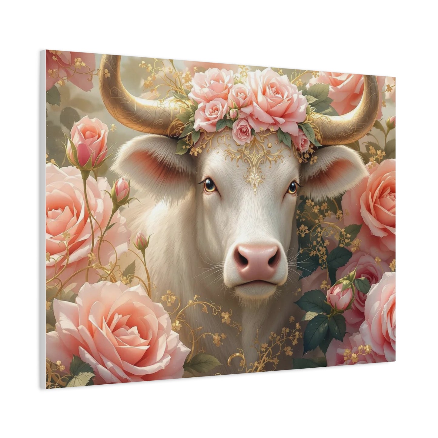 Canvas Print - Pink Rose Cow Picture