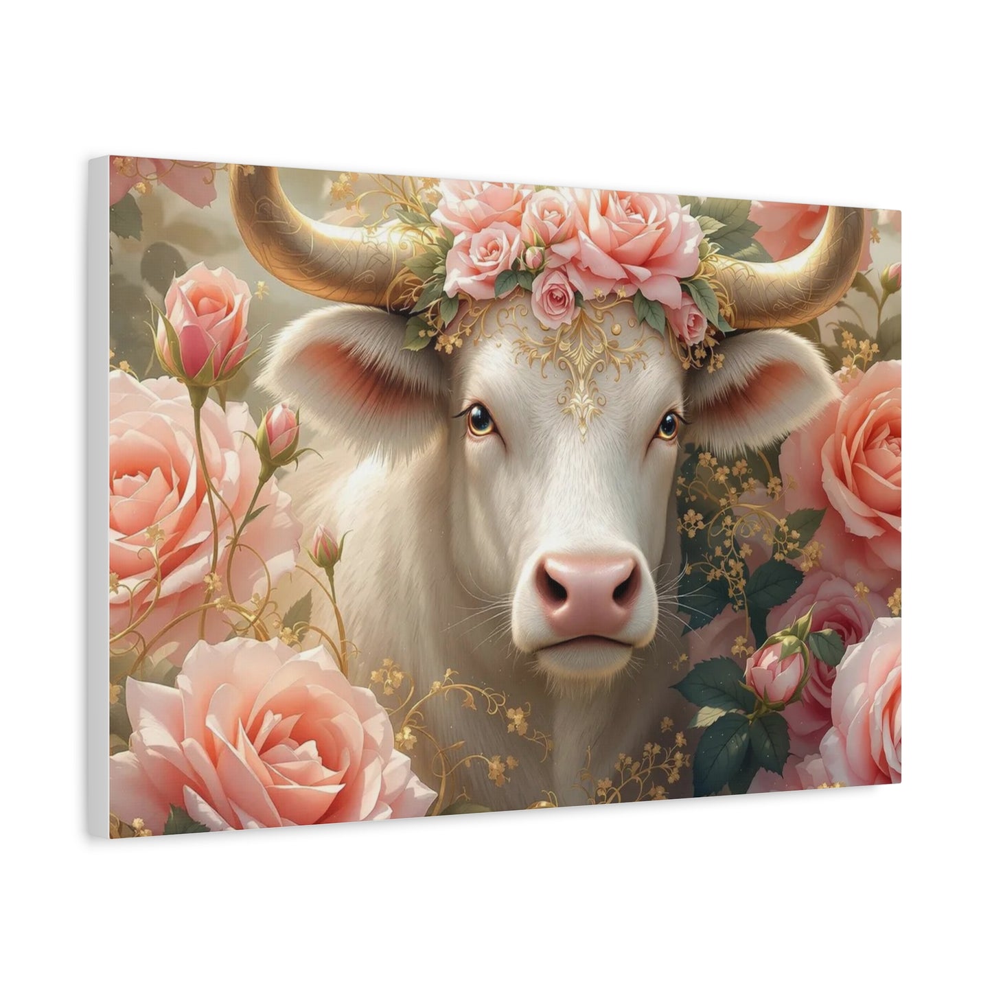 Canvas Print - Pink Rose Cow Picture