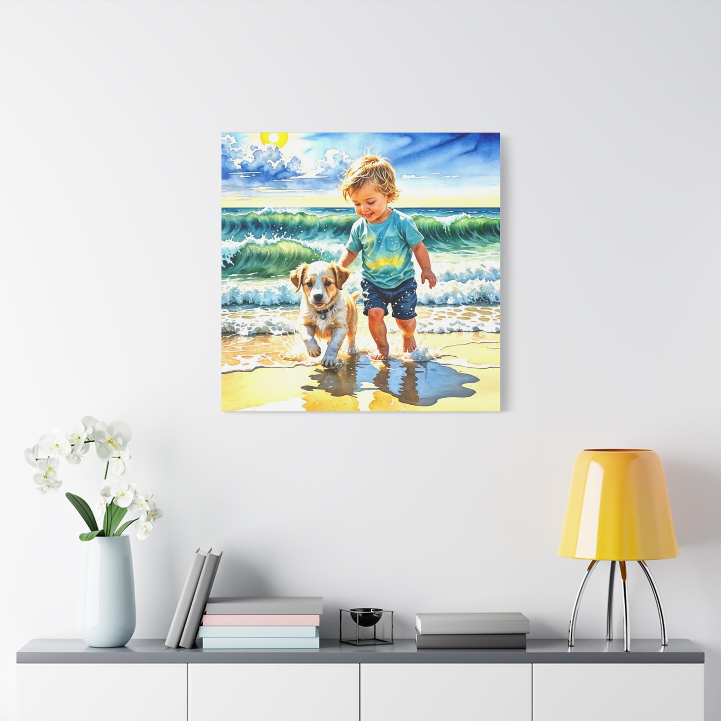 Little Boy at the Beach w his Dog Canvas Art - Children's Room Art