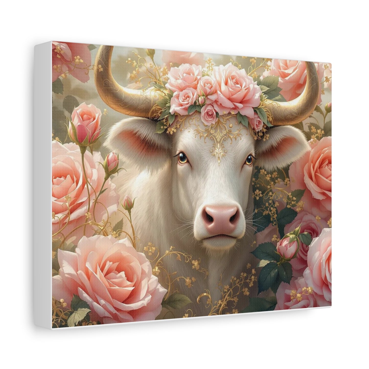 Canvas Print - Pink Rose Cow Picture