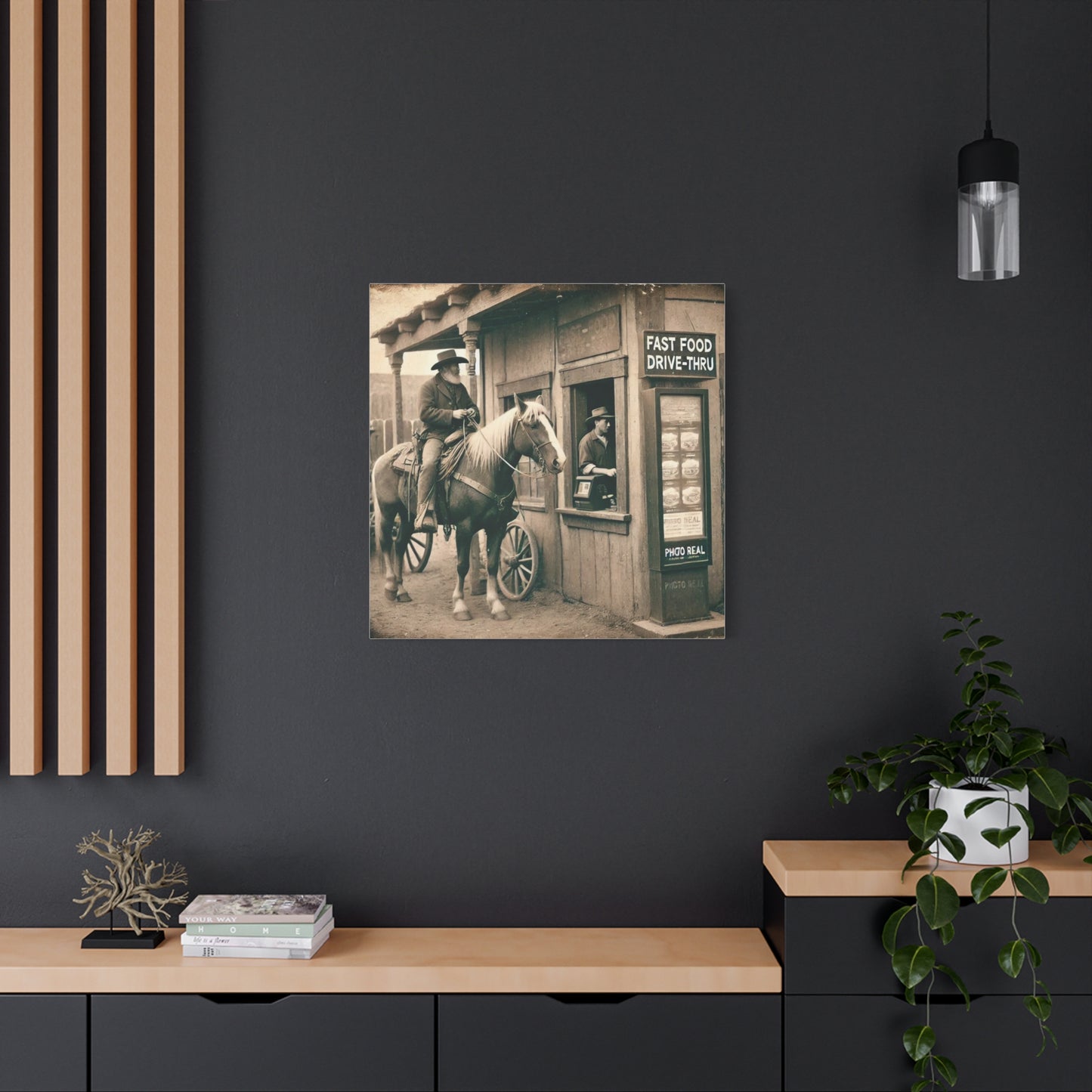 Old West Cowboy in Fast Food Drive Through Antique Art