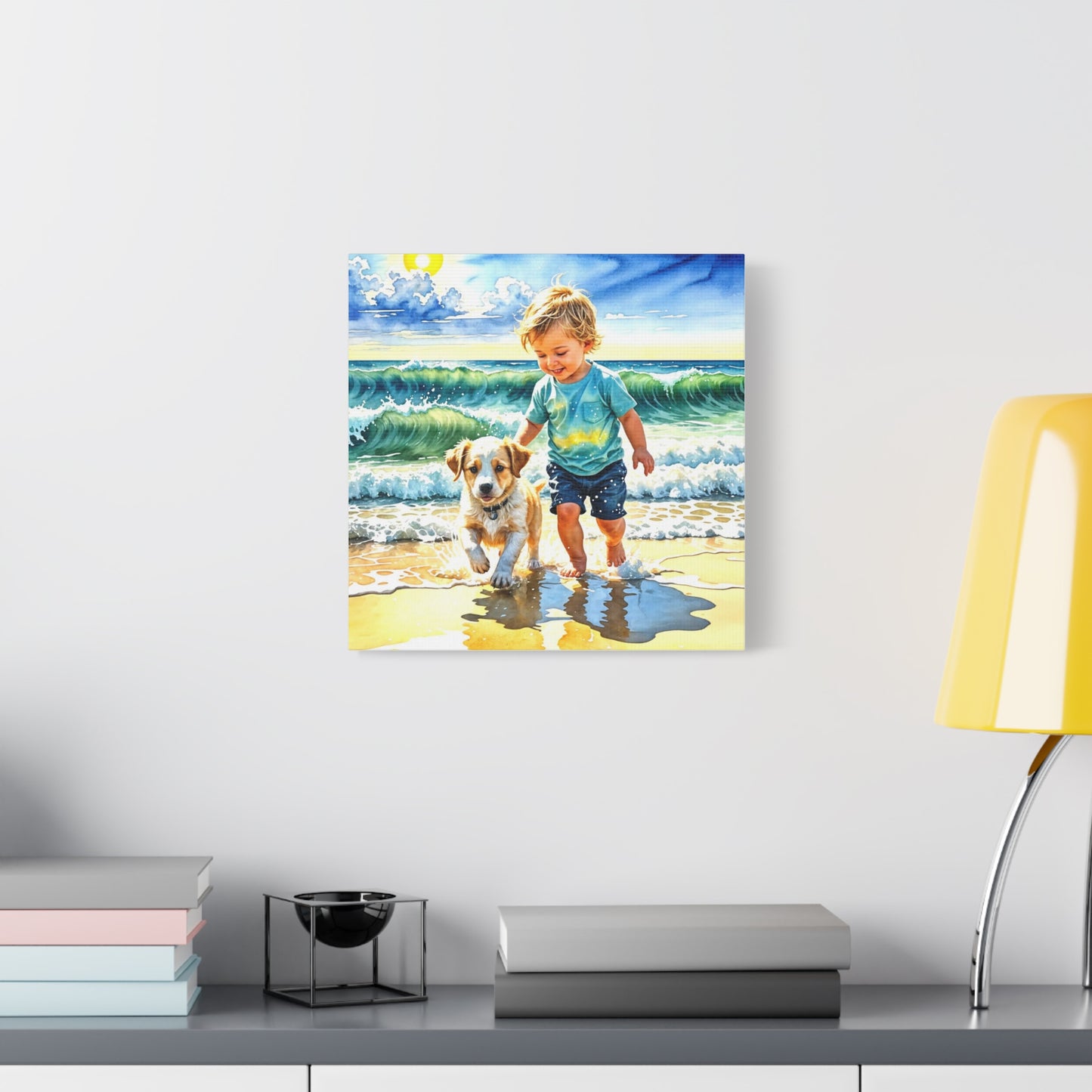 Little Boy at the Beach w his Dog Canvas Art - Children's Room Art